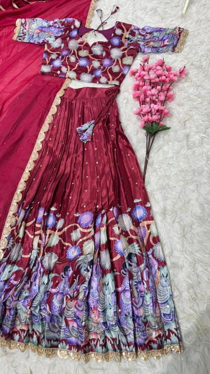 Chinnon silk Kalmkari Lehenga