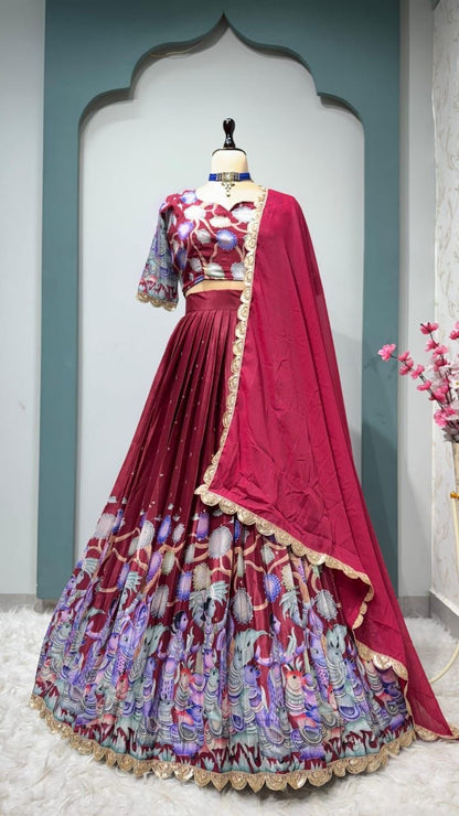 Chinnon silk Kalmkari Lehenga