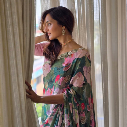 Pure Chinon Flower Khadi work saree with stitched blouse