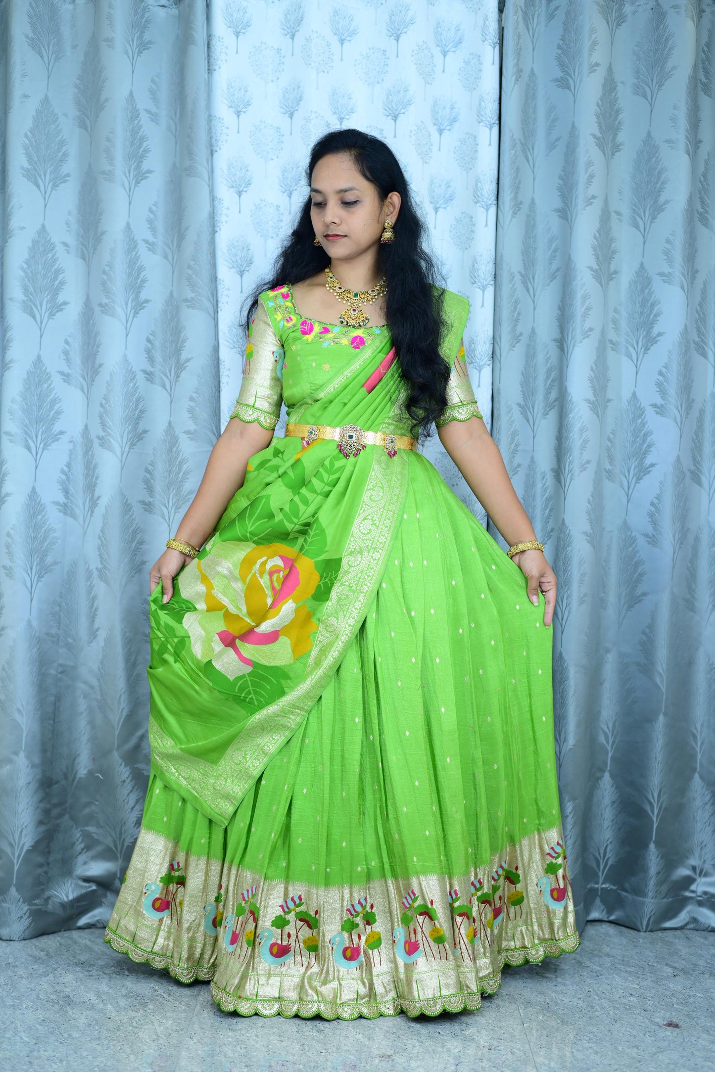 Parrot green paithani maggam lehengas
