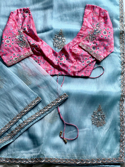 Luxe tissue silk saree with coding work With Stitched Blouse