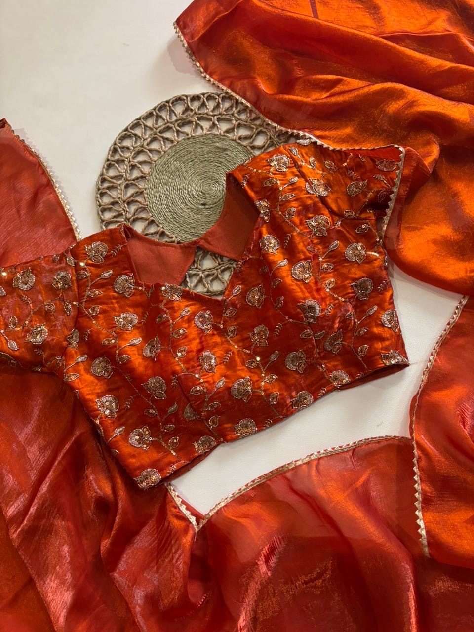 Rust Orange Desginer saree with Stitched Blouse Instgram best seller