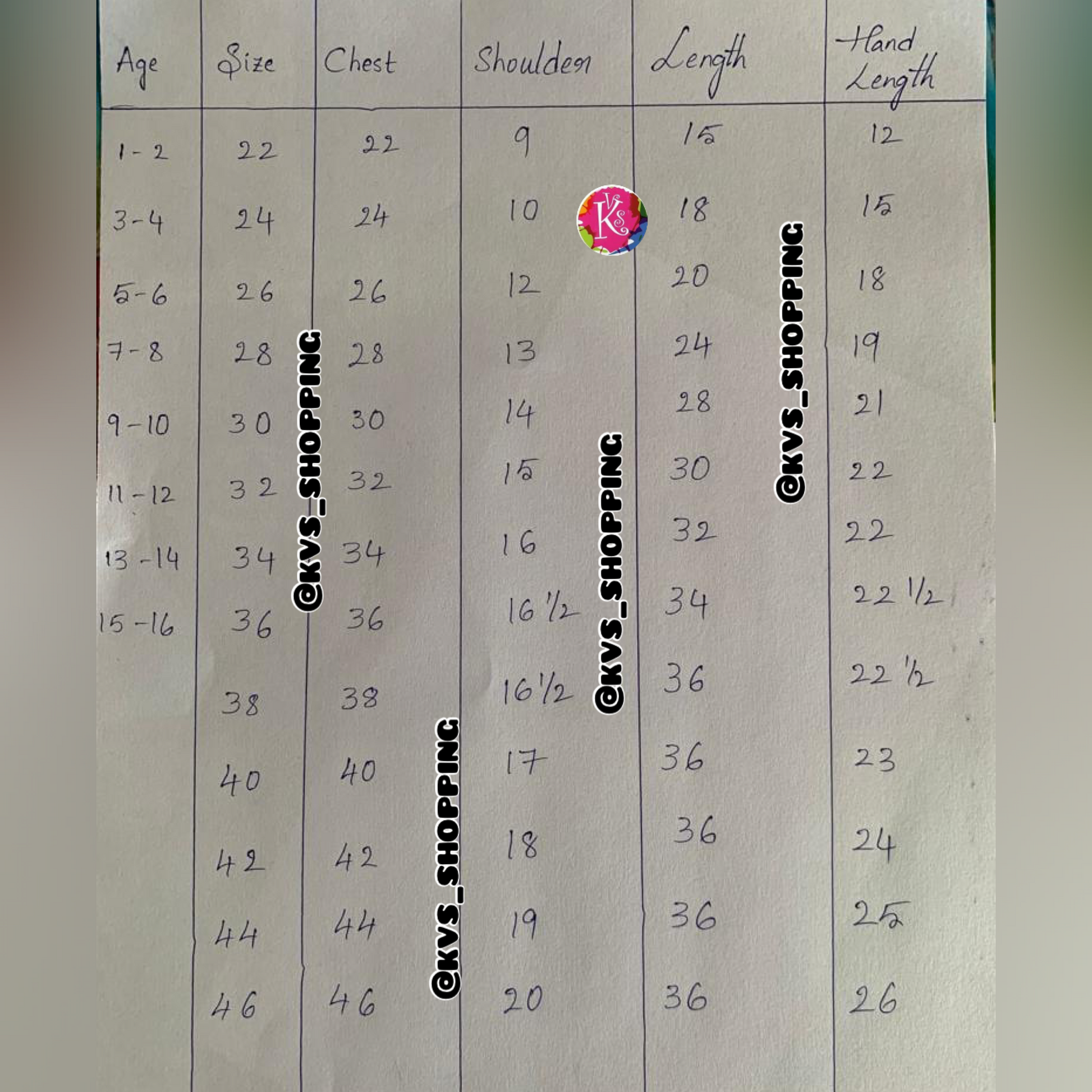 Boys size chart 