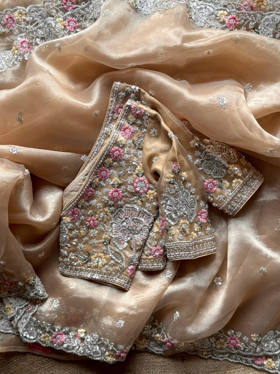 Luxe pure organza cutdana work stitched Blouse saree