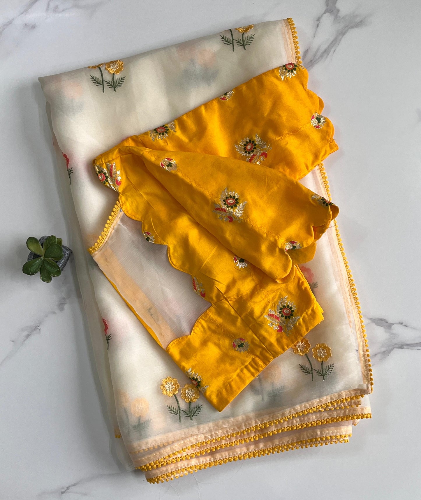 Flower organza saree wirh embroidery stitched blouse