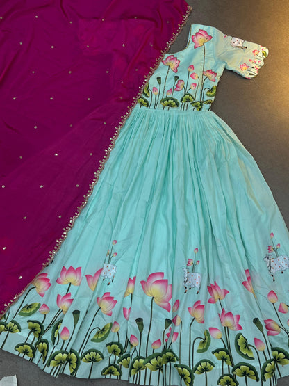 Lotus Pulmy Silk Gown With Embroidered Chinon Dupatta