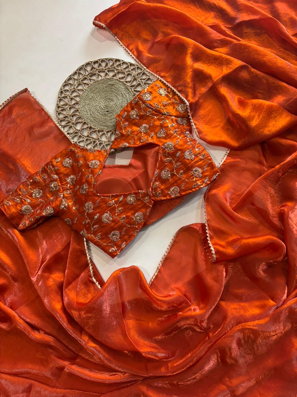 Rust Orange Desginer saree with Stitched Blouse Instgram best seller