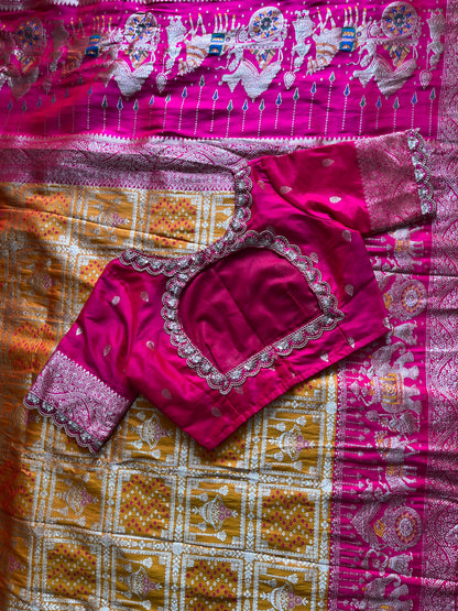 Banarasi Pattu saree with bandhani stitched blouse