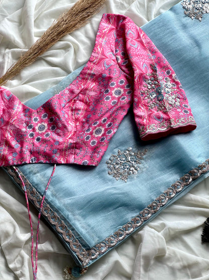 Luxe tissue silk saree with coding work With Stitched Blouse