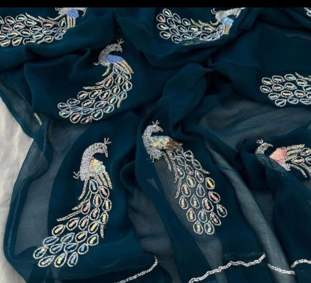 Half Pure Chiffon Handwork saree budget friendly