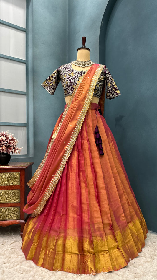 Royal Elegance in Every Pleat 👑
Dual-toned tissue silk lehenga