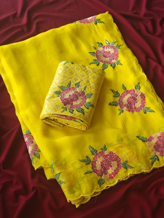 Pure Oraganza Floral Embroidery luxe Saree