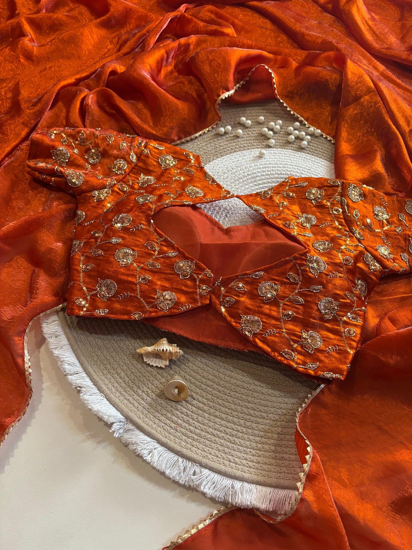 Rust Orange Desginer saree with Stitched Blouse Instgram best seller