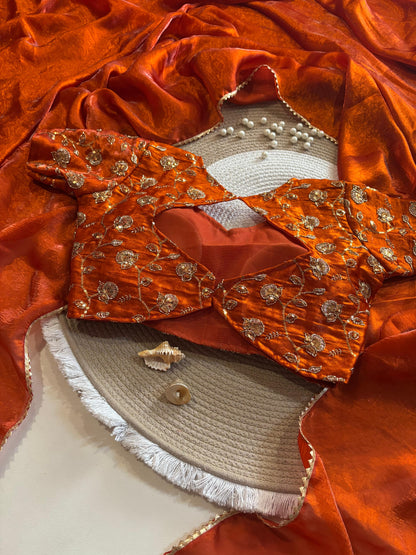 Rust Orange Desginer saree with Stitched Blouse Instgram best seller