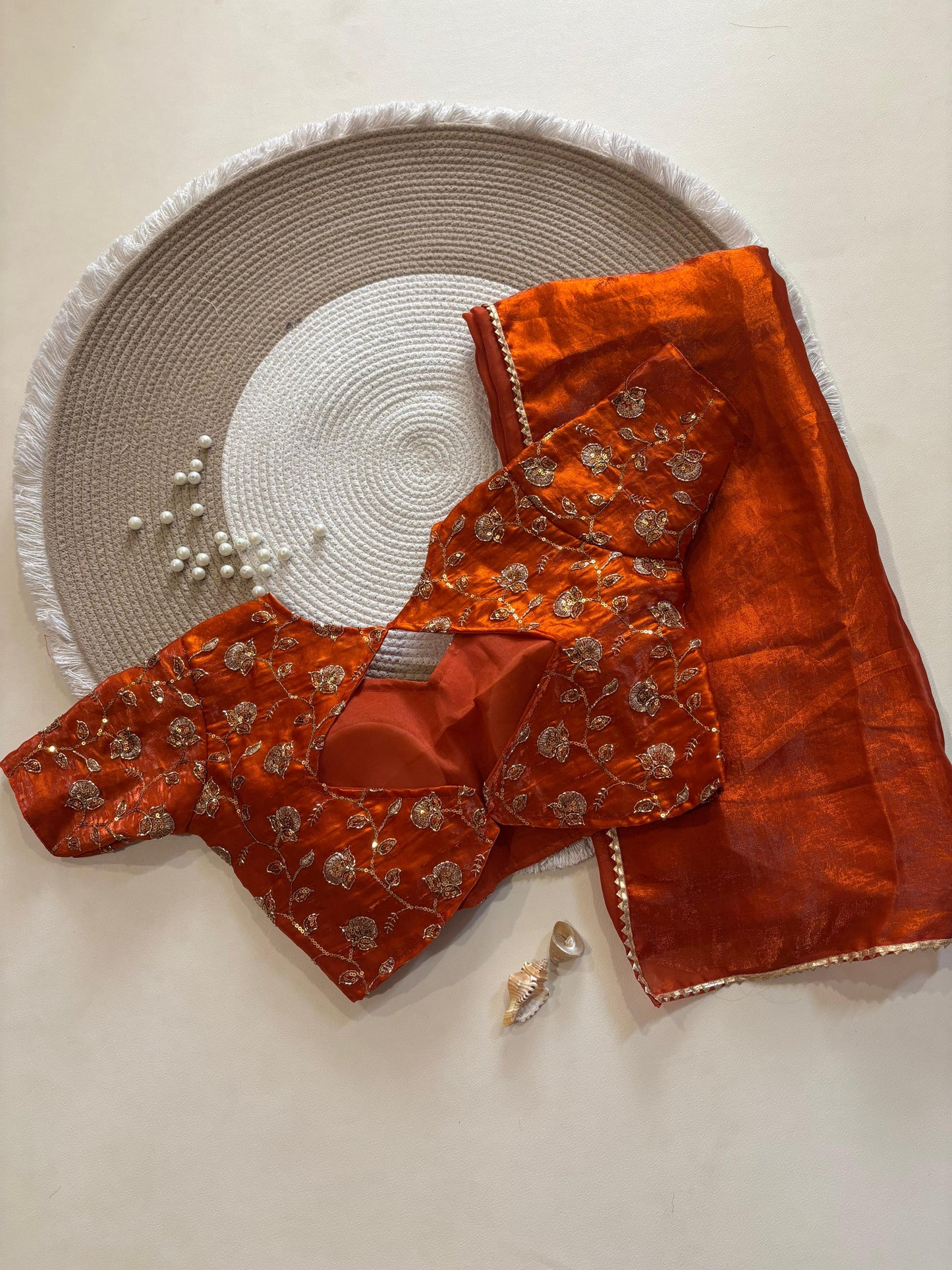 Rust Orange Desginer saree with Stitched Blouse Instgram best seller