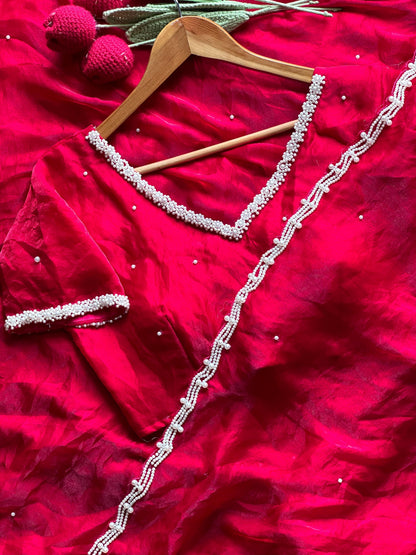 Pearl Work Space Silk Saree with pearl work Stitched Blouse