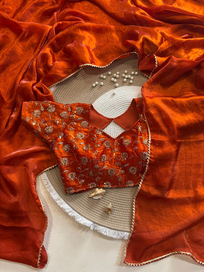 Rust Orange Desginer saree with Stitched Blouse Instgram best seller