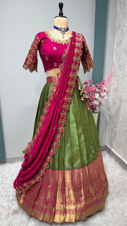 Kanchipuram Lehenga with cutwork duptta