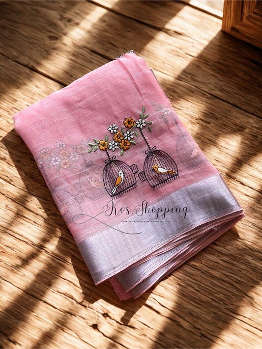 Linen Desginer Embroidered Bird sarees budget (Celebrate inspired)