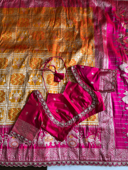 Banarasi Pattu saree with bandhani stitched blouse