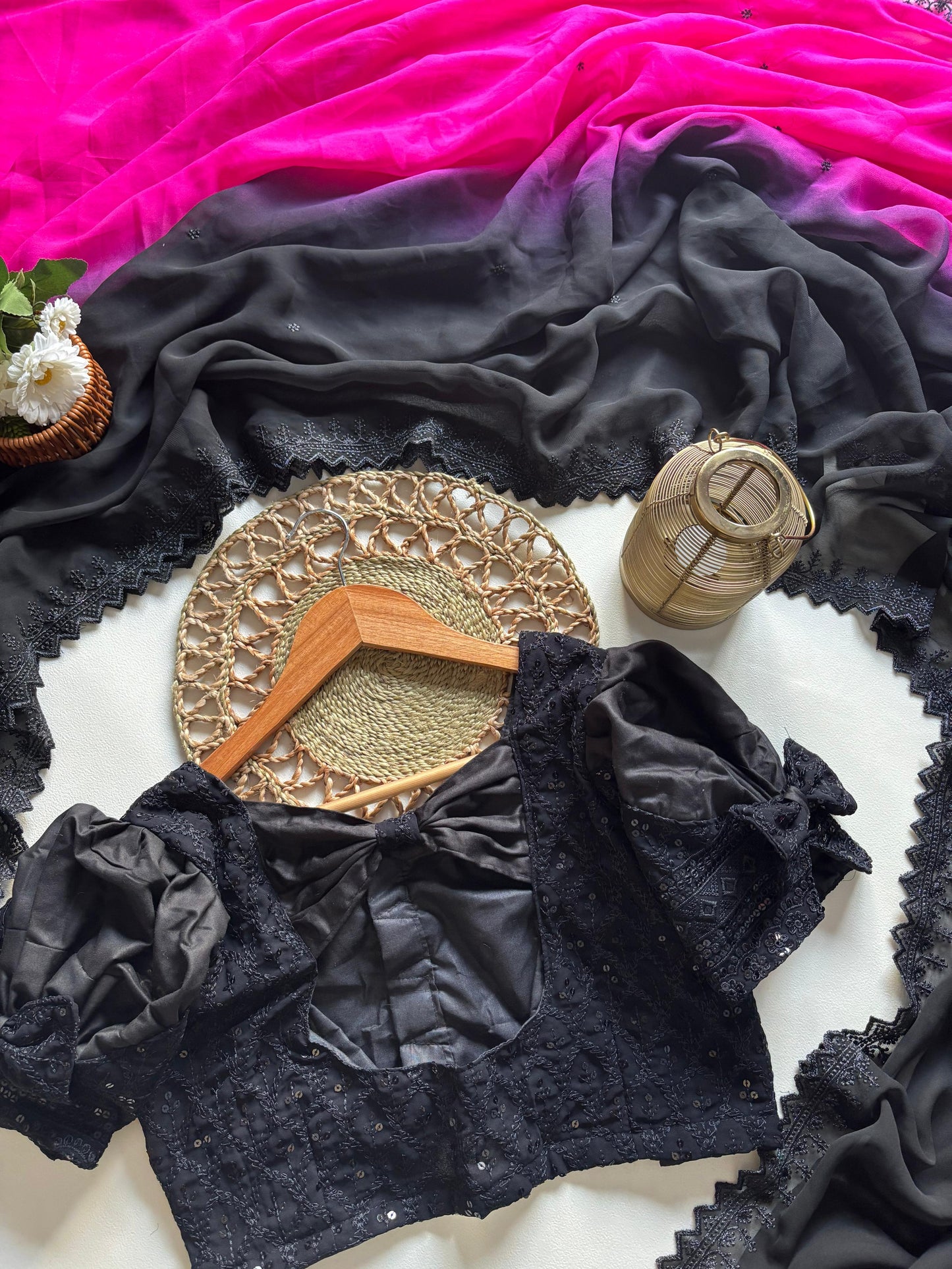 Soft chiffon silk saree with C-pallu sequins & elegant cutwork border with stitched Blouse