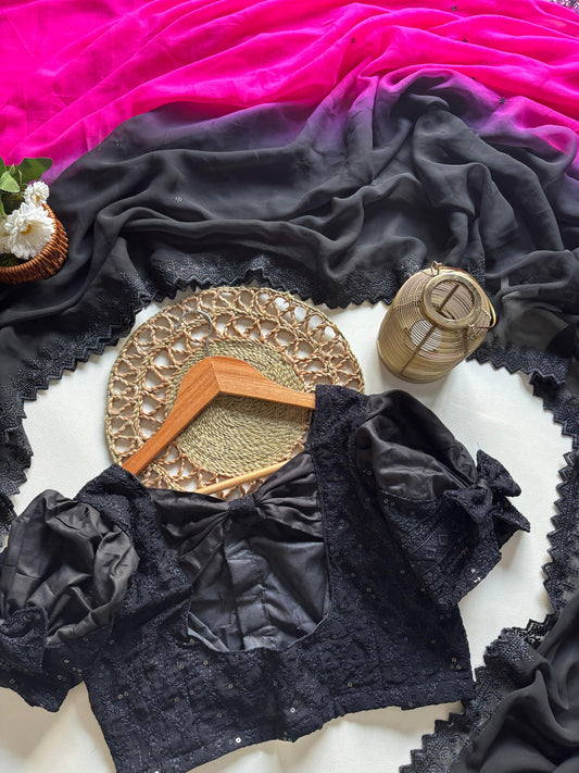 Soft chiffon silk saree with C-pallu sequins & elegant cutwork border with stitched Blouse