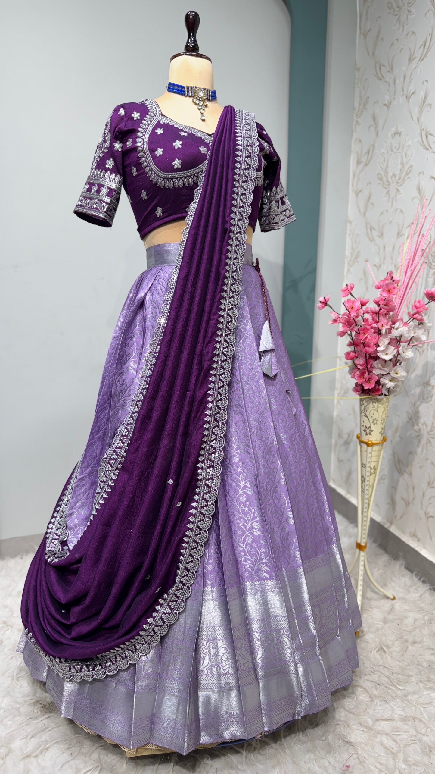 Sweetheart Neckline stitched Blouse  /Kanchipuram Lehenga