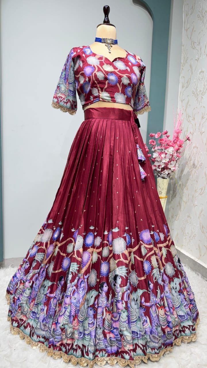 Chinnon silk Kalmkari Lehenga
