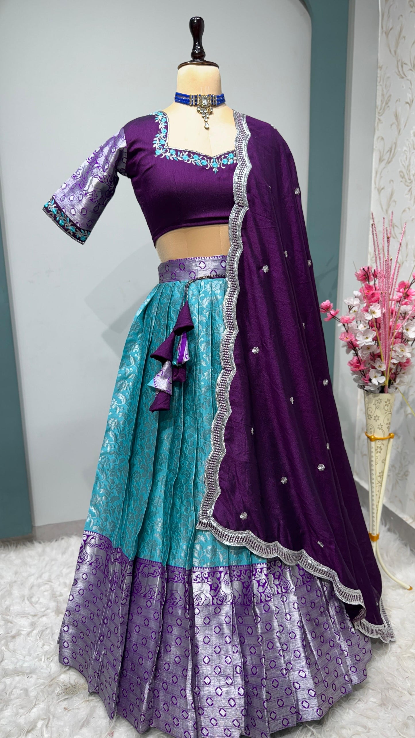 Kanchipuram Lehenga set with work blouses