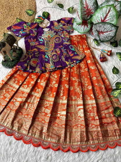 Kids Kalmkari pattu pavada sets