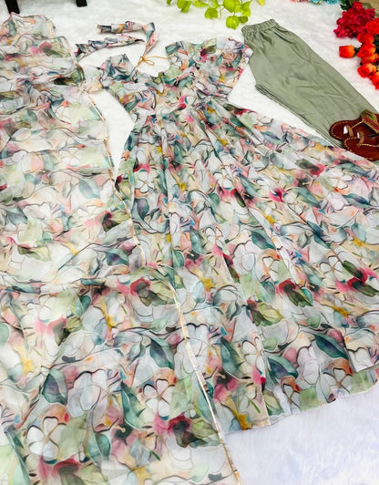 Gown Febrics Organza Taby Silk Heavy Quality Fabric With Digital Print And Full Sleeve