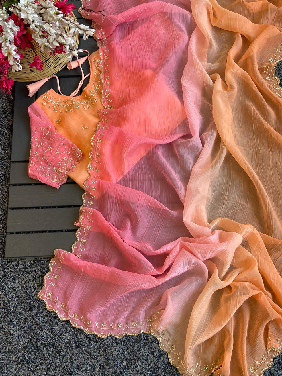Handwork budget saree with stitched blouse