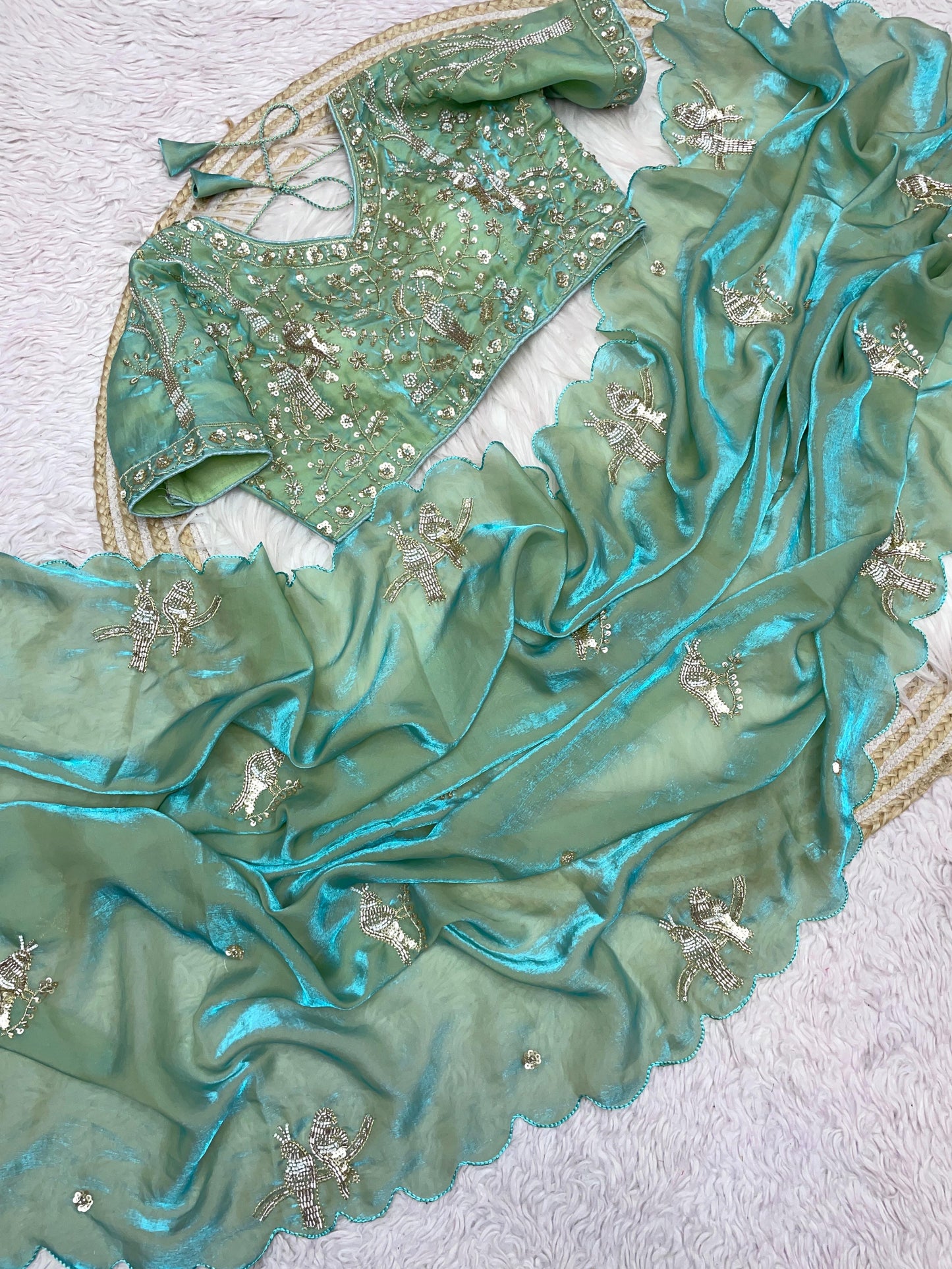 Fendy work silk sarees with stitched desginer work blouse
