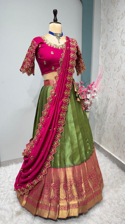 Kanchipuram Lehenga with cutwork duptta