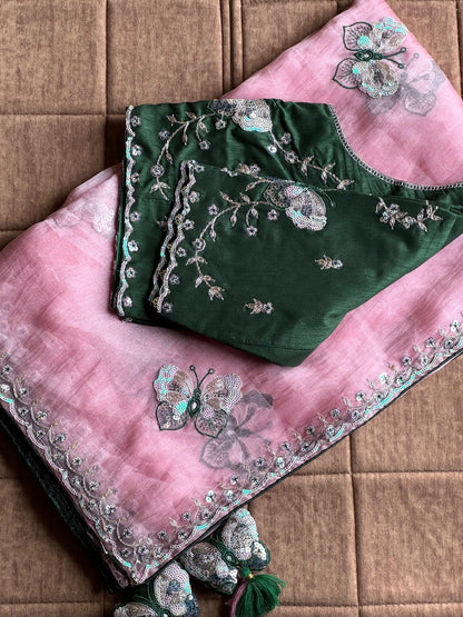 Luxe organza coding saree with stitched blouse