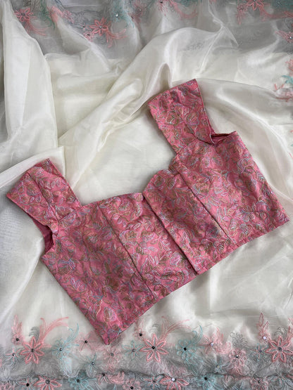 Multi coloured Work saree with stitched blosue