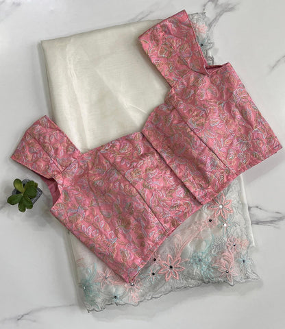Multi coloured Work saree with stitched blosue