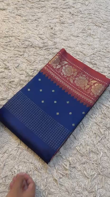 Handloom Banarasi katan soft checks booti saree