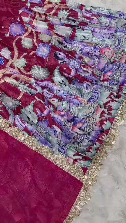 Chinnon silk Kalmkari Lehenga
