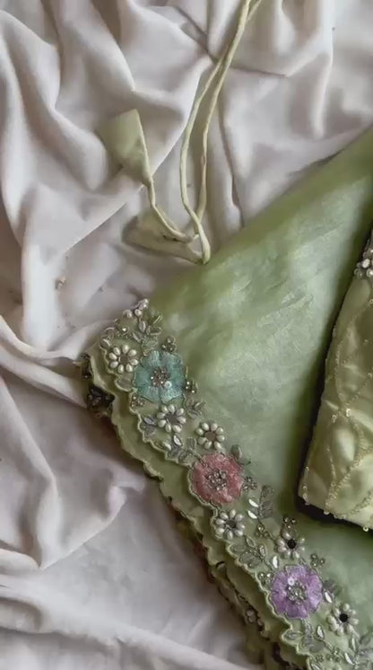 Luxe pista green 1 min saree with stitched blouse