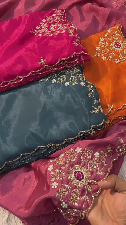 Trendy Soft shine hand work zardosi sarees