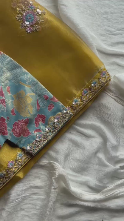 HaldiSpecial Premium tissue silk saree with coding work & multi colour sequence with Stitched Blouse