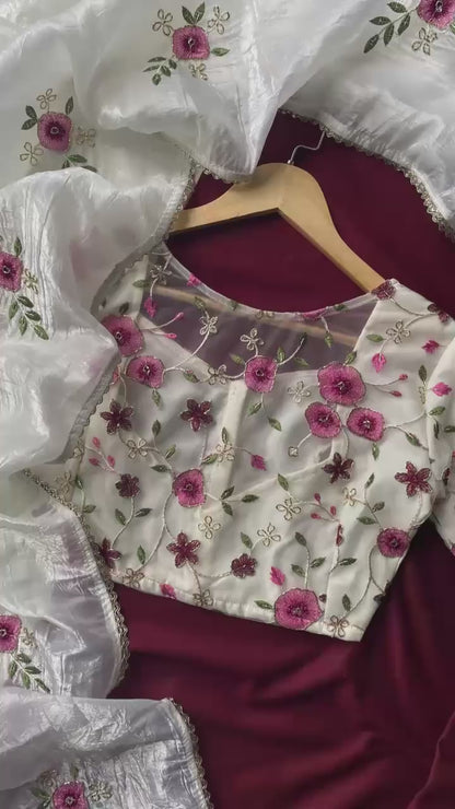 Crushed saree embroidery handwork with stitched blouse