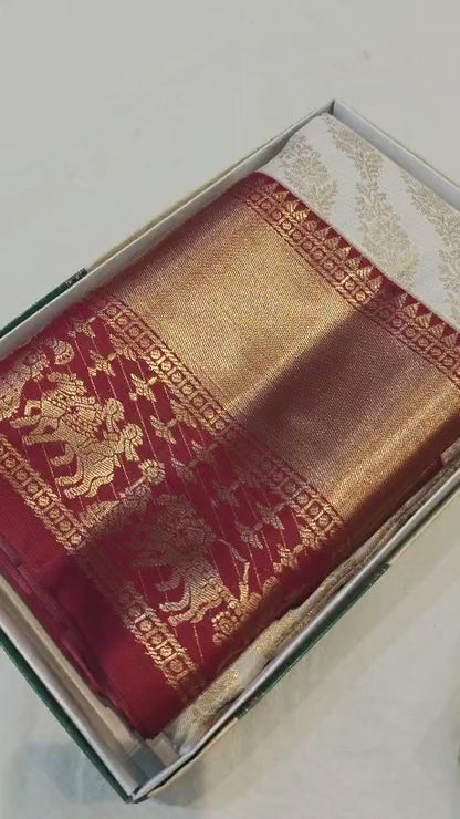 Kanchi Semi pattu saree contrast half white with maroon traditional