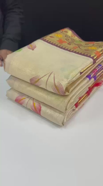 Semi pattu soft tissue weaving Paithani hand painted saree