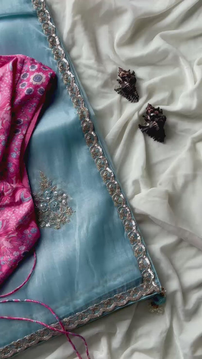 Luxe tissue silk saree with coding work With Stitched Blouse