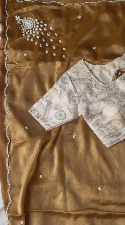 Gold peacock saree with stitched blouse