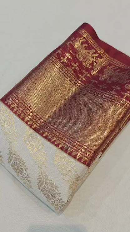 Kanchi Semi pattu saree contrast half white with maroon traditional