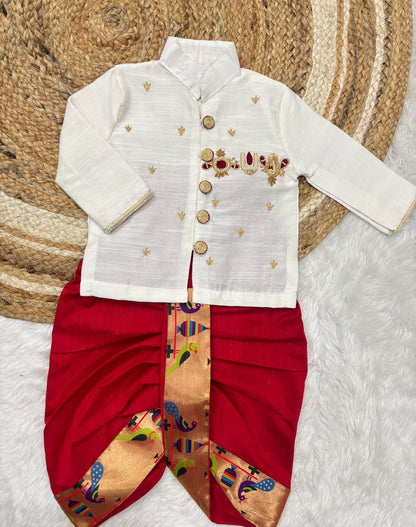 Boys Ethnic Raw Silk Dhoti Set with Paithani Border