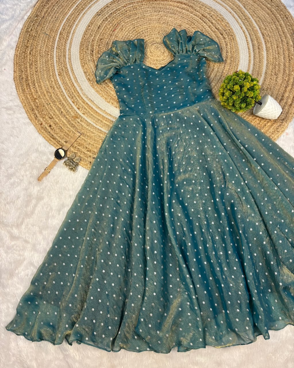 Designer princess party wear tissue butti midi gown